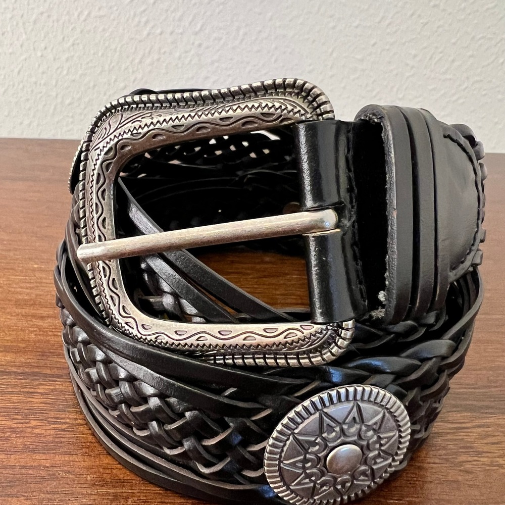 Womens Black Braided Western Concho Belt Silver Buckle 2XL Genuine Leather Rodeo